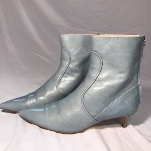 Zara Sky Blue Mid-Heel Leather Ankle Boots Size 8
